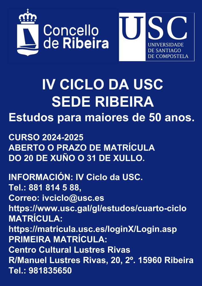 Imagen Aberto ata o día 31 de xullo o prazo de matrícula do IV Ciclo da USC sede Ribeira para o curso 2024-2025