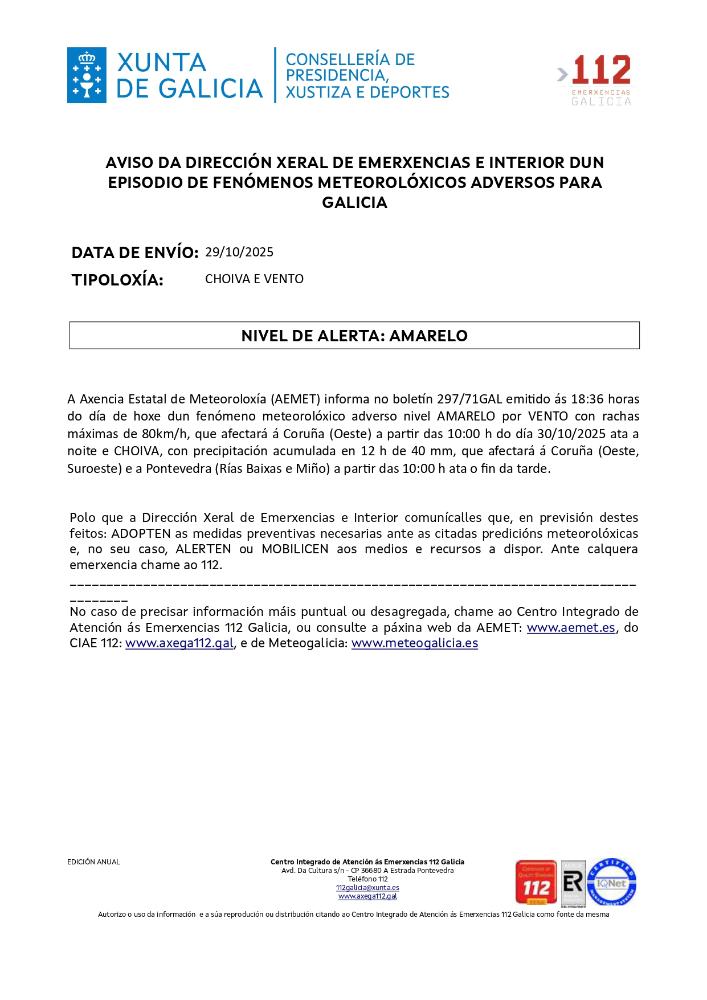 Imagen Aviso por un episodio dun fenómeno meteorolóxico adverso por chuvia e vento