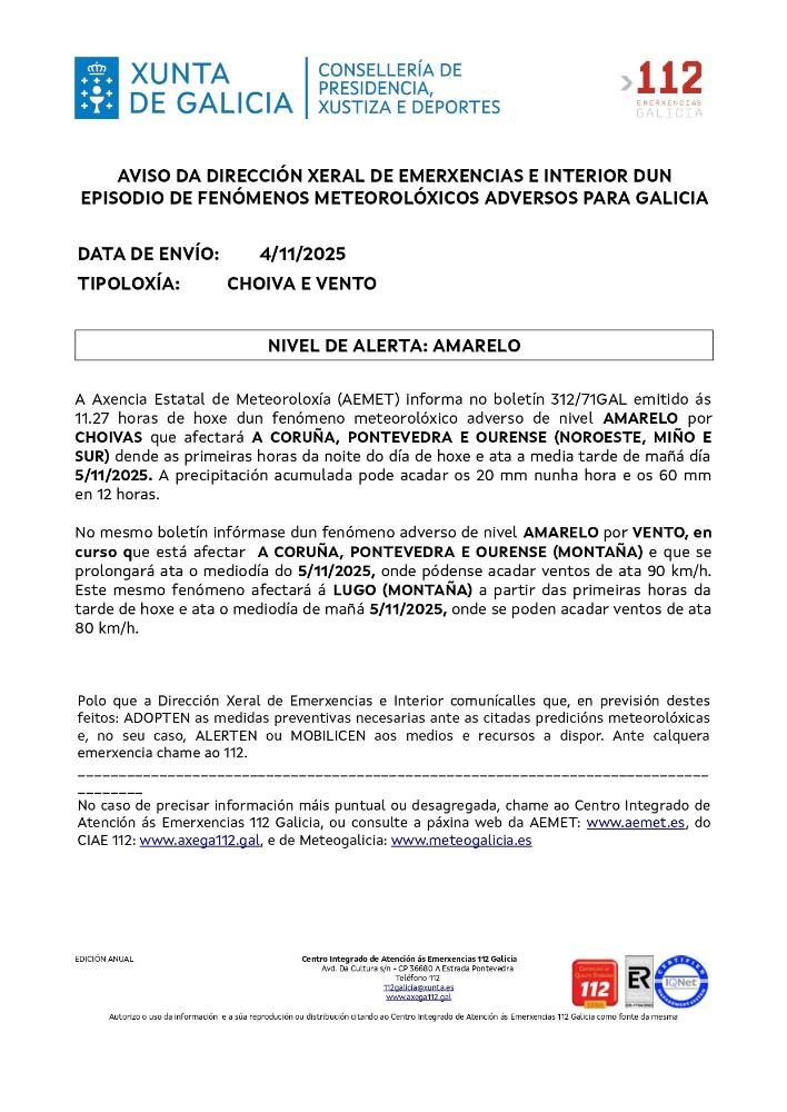 Imagen Continúa alerta amarela no aviso por un episodio dun fenómeno meteorolóxico adverso por chuvia e vento
