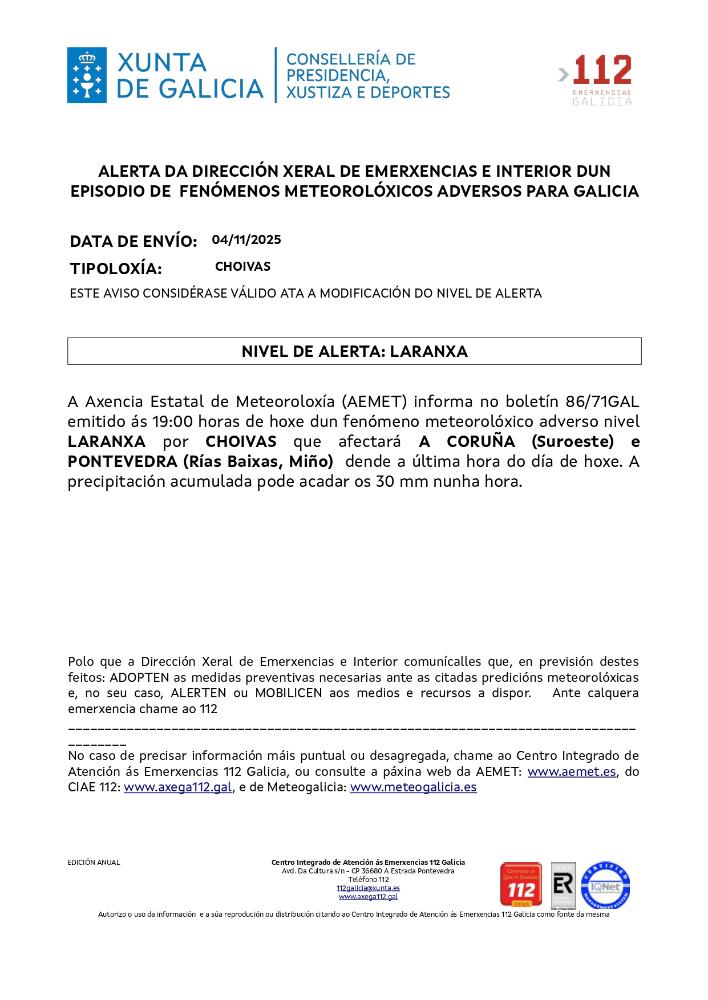 Imagen Aviso por un episodio dun fenómeno meteorolóxico adverso por chuvia