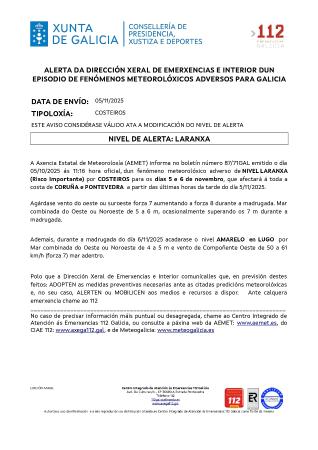 Imaxe Aviso por un episodio dun fenómeno meteorolóxico adverso por costeiros