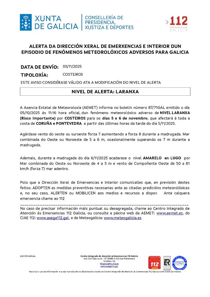 Imagen Aviso por un episodio dun fenómeno meteorolóxico adverso por costeiros