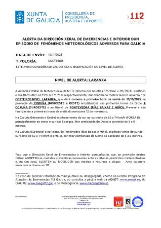 Imaxe Aviso por un episodio dun fenómeno meteorolóxico adverso por costeiros