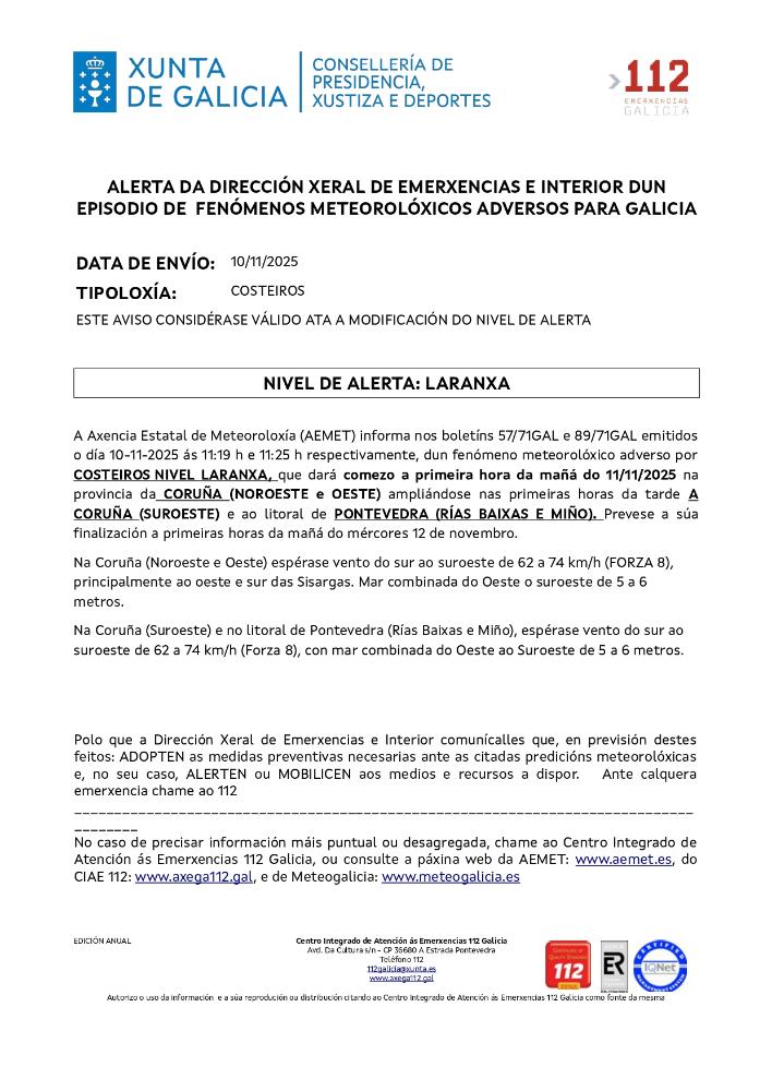Imagen Aviso por un episodio dun fenómeno meteorolóxico adverso por costeiros