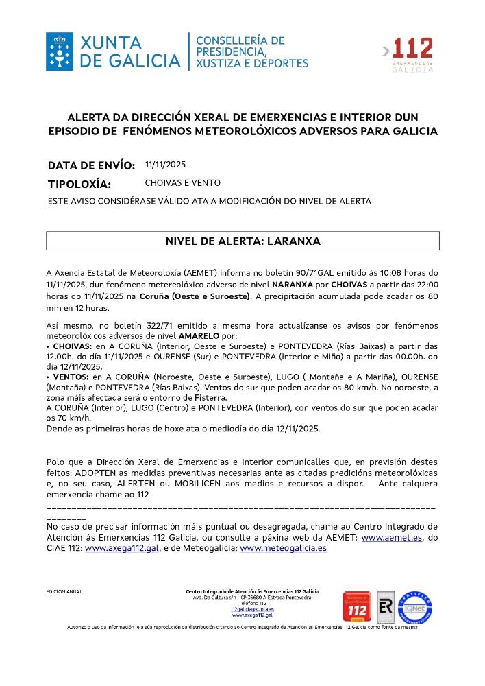 Imagen Aviso por un episodio dun fenómeno meteorolóxico adverso por chuvias e vento