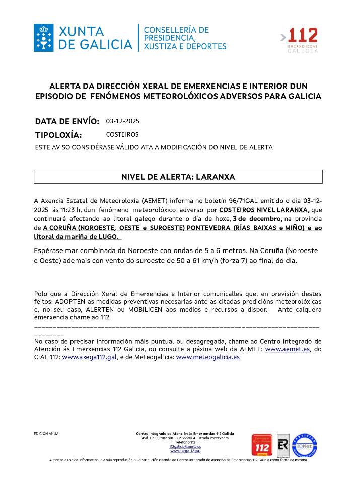 Imagen Aviso por un episodio dun fenómeno meteorolóxico adverso por costeiros