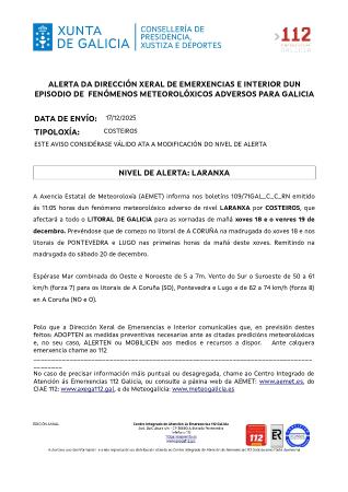 Imaxe Aviso por un episodio dun fenómeno meteorolóxico adverso por costeiros
