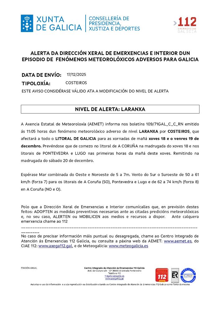 Imagen Aviso por un episodio dun fenómeno meteorolóxico adverso por costeiros