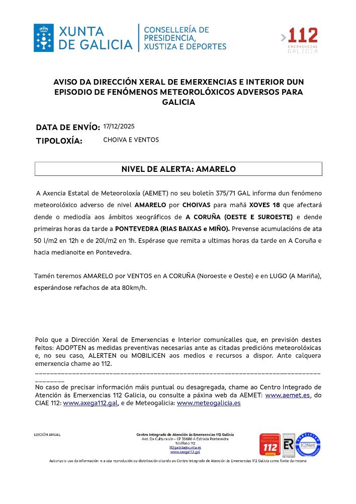 Imagen Aviso por un episodio dun fenómeno meteorolóxico adverso por chuvia e vento