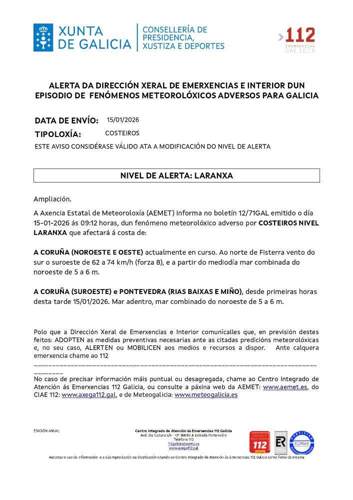 Imagen Aviso por un episodio dun fenómeno meteorolóxico adverso por costeiros