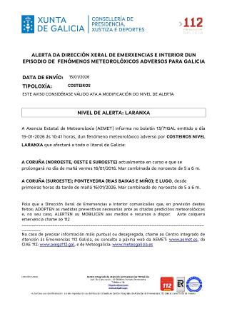 Imaxe Continuidade do aviso por un episodio dun fenómeno meteorolóxico adverso por costeiros