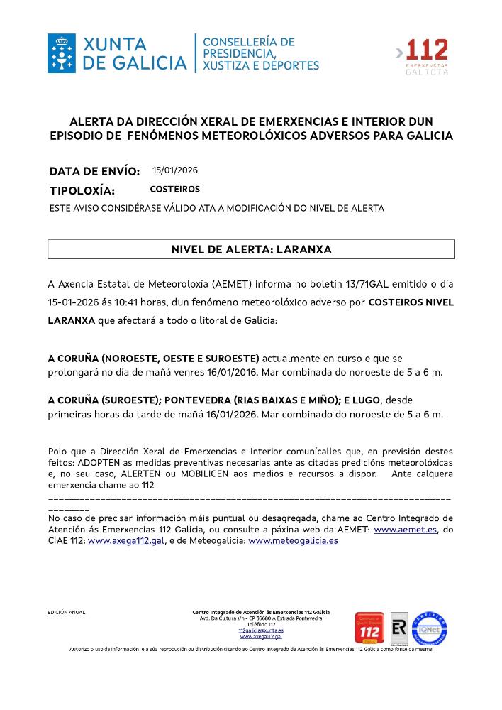 Imagen Continuidade do aviso por un episodio dun fenómeno meteorolóxico adverso por costeiros