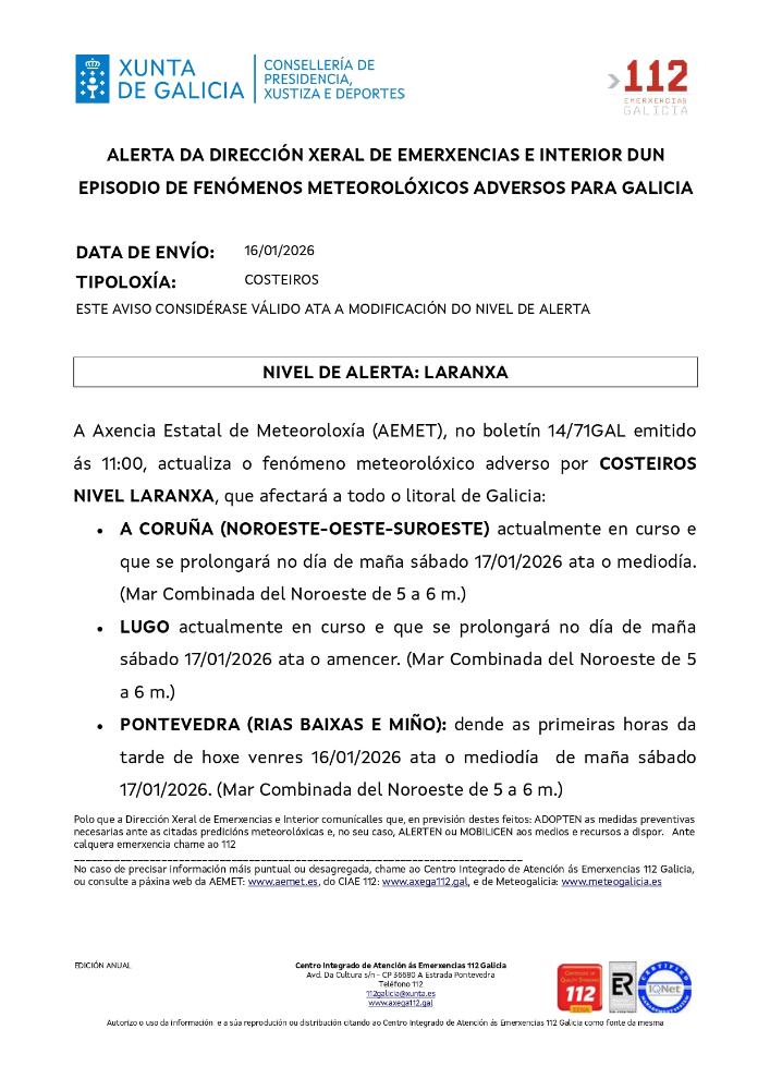 Imagen Aviso por un episodio dun fenómeno meteorolóxico adverso por costeiros