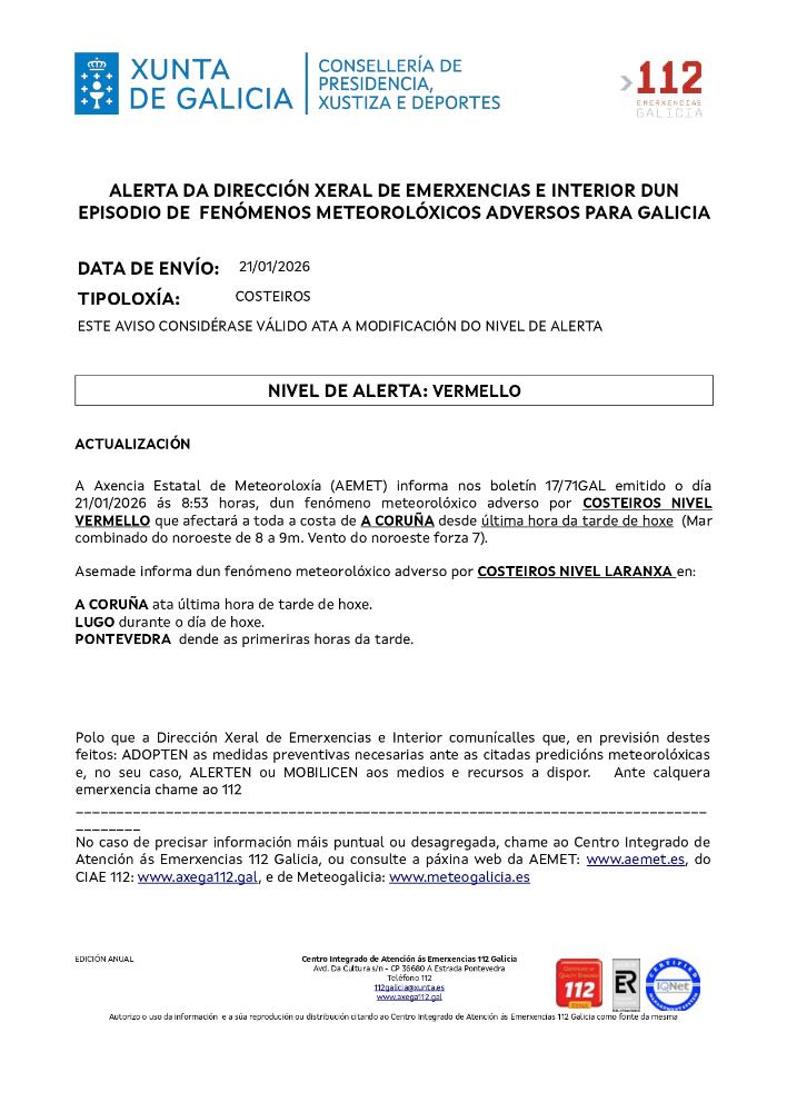 Imagen Aviso por un episodio dun fenómeno meteorolóxico adverso por costeiros