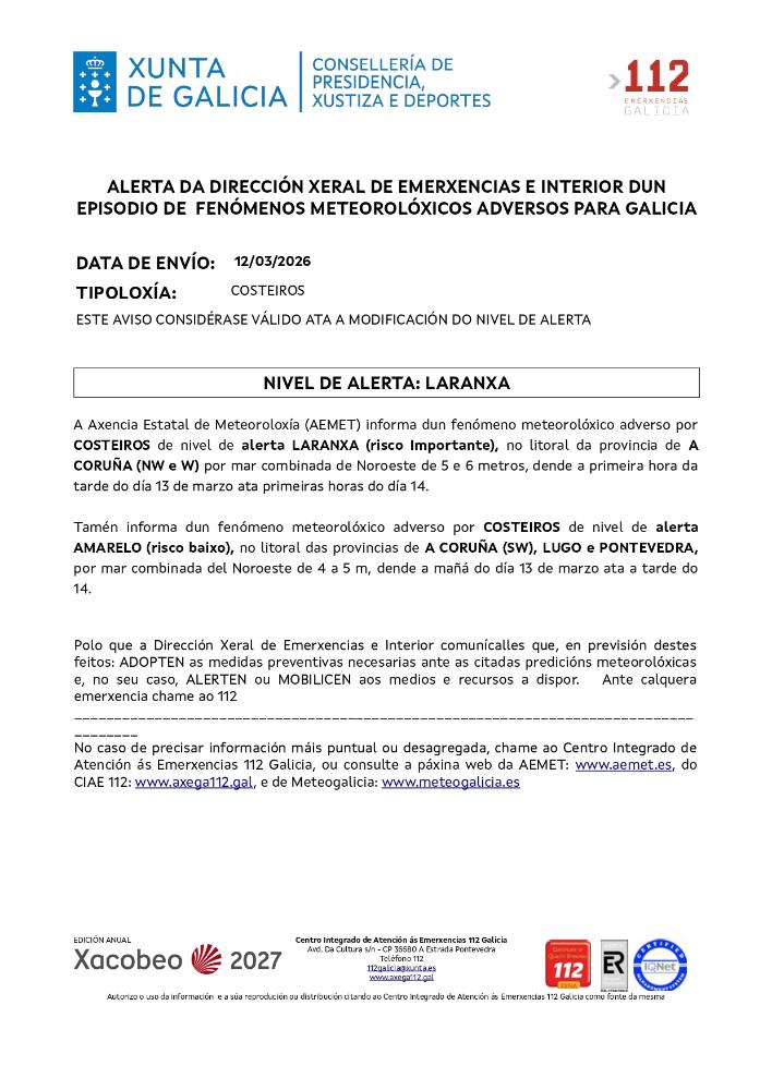 Imagen Aviso por un episodio dun fenómeno meteorolóxico adverso por costeiros