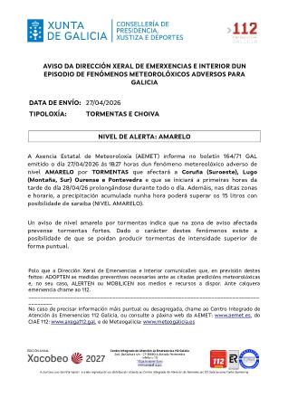 Imagen Aviso por un episodio dun fenómeno meteorolóxico adverso por tormentas e choiva