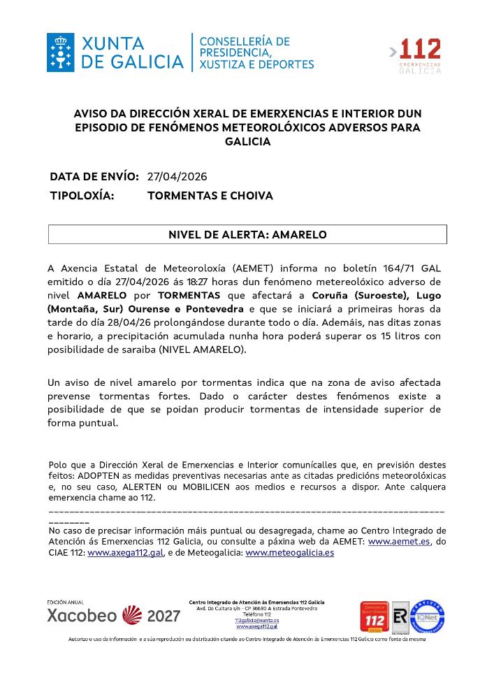 Imagen Aviso por un episodio dun fenómeno meteorolóxico adverso por tormentas e choiva